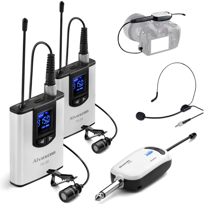 Alvoxcon ميكروفون لابيل لاسلكي مزدوج Alvoxcon TG220S لجهاز iPhone، كاميرا DSLR، مكبر صوت PA، يوتيوب، بودكاست، تسجيل فيديو، مؤتمر، مدونات الفيديو، كنيسة، مقابلة، تعليم - Image 1